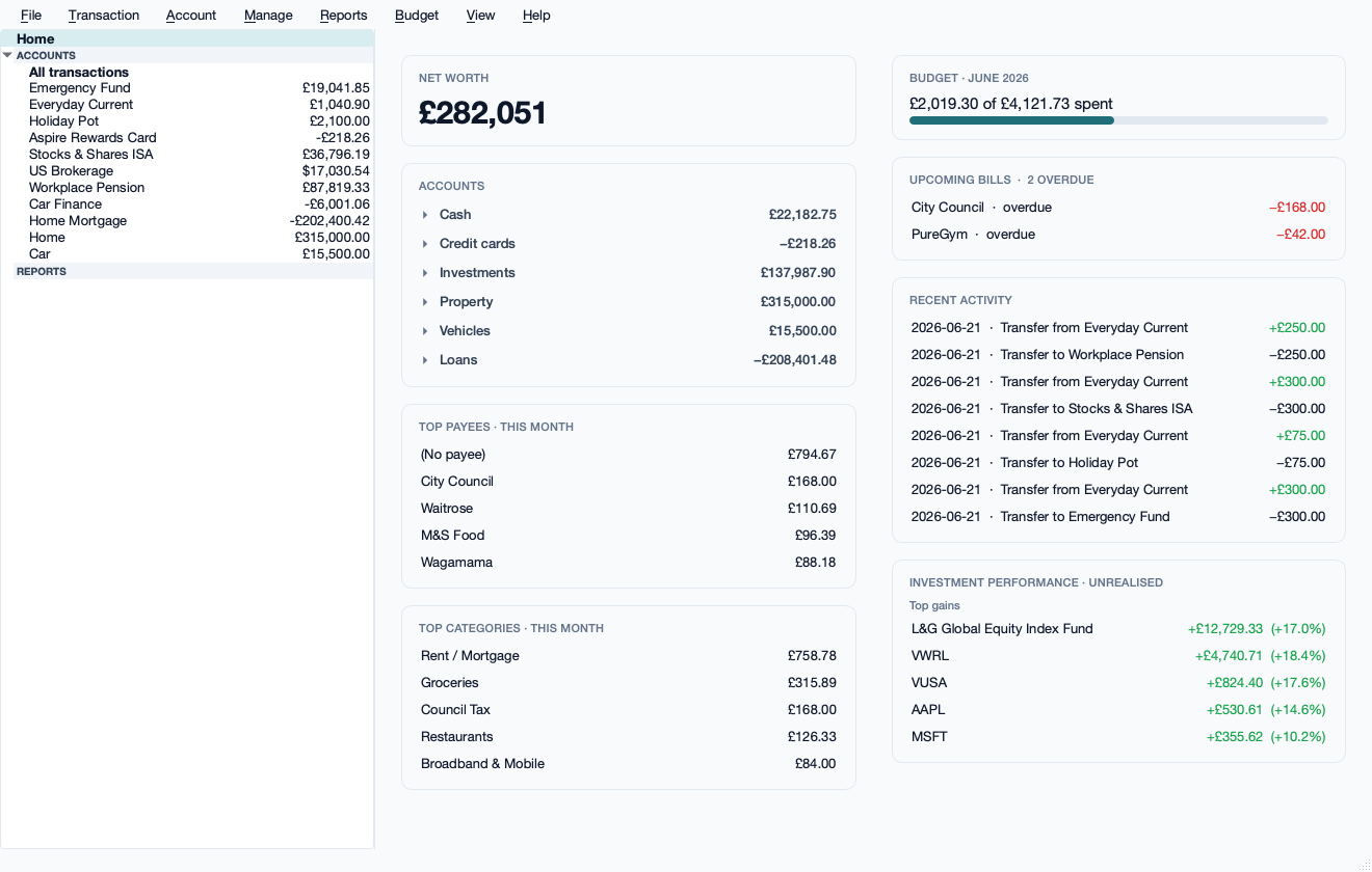 My Financial Life home dashboard showing net worth, accounts, budget and investment performance.