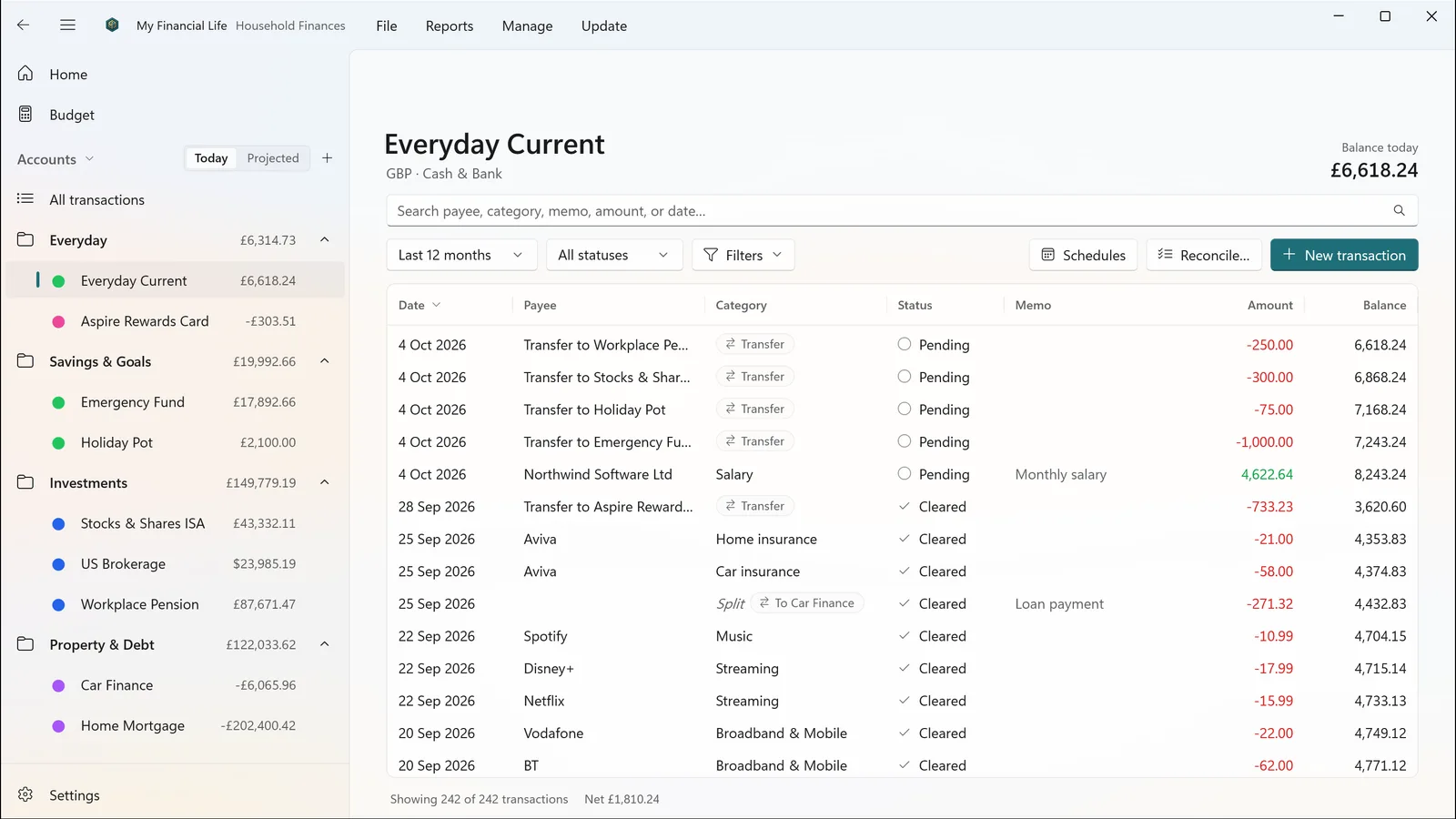 An account register with dated payees, categories, cleared status and a running balance.