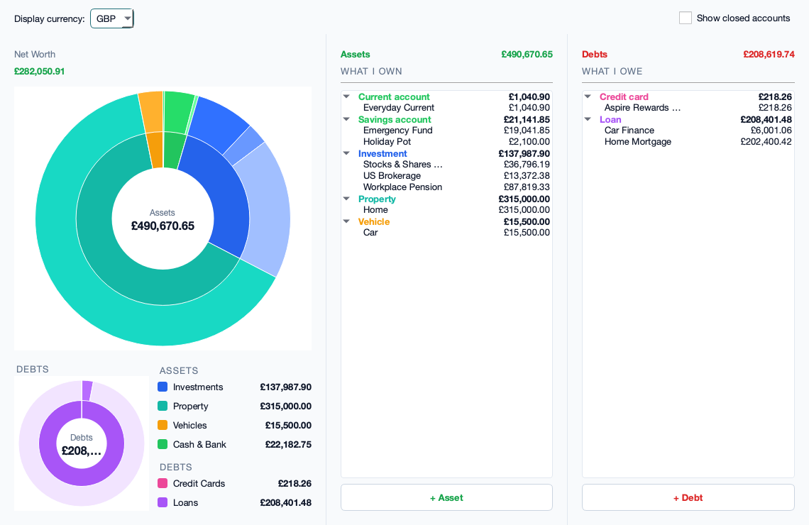 Net worth screen showing assets and debts as ring charts with an account breakdown.
