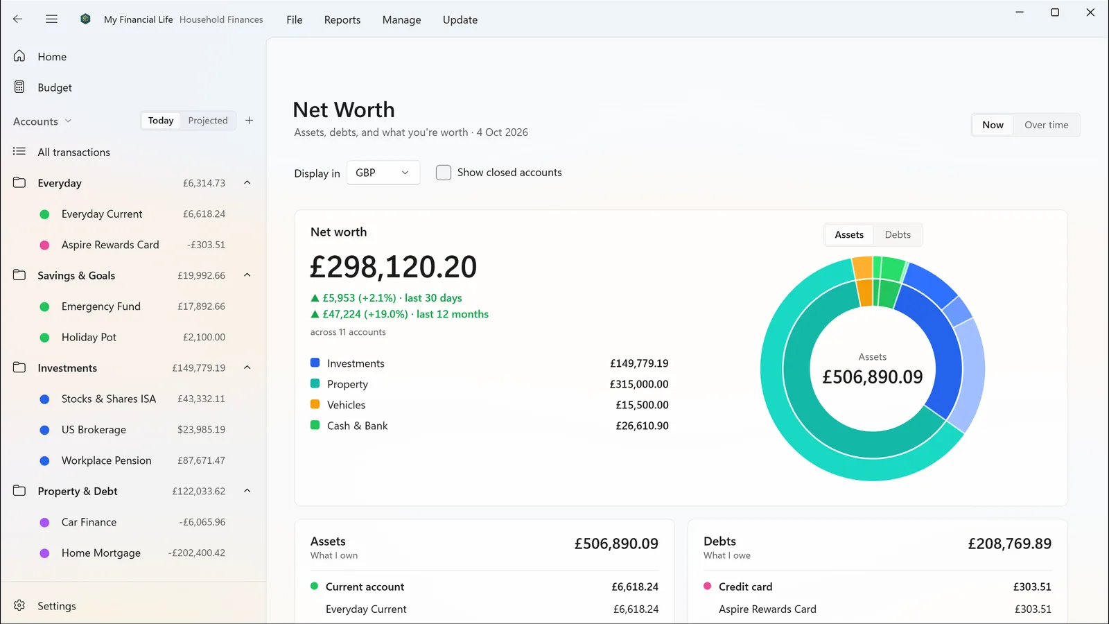 The Net Worth report across cash, investments, property, vehicles and debts.