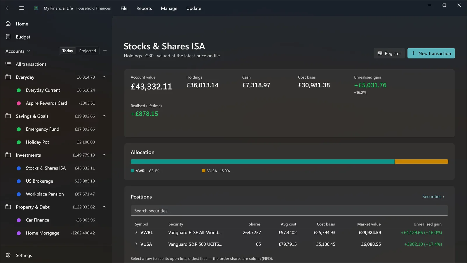Investment holdings in dark theme, with cost basis, gains and purchase lots for each security.