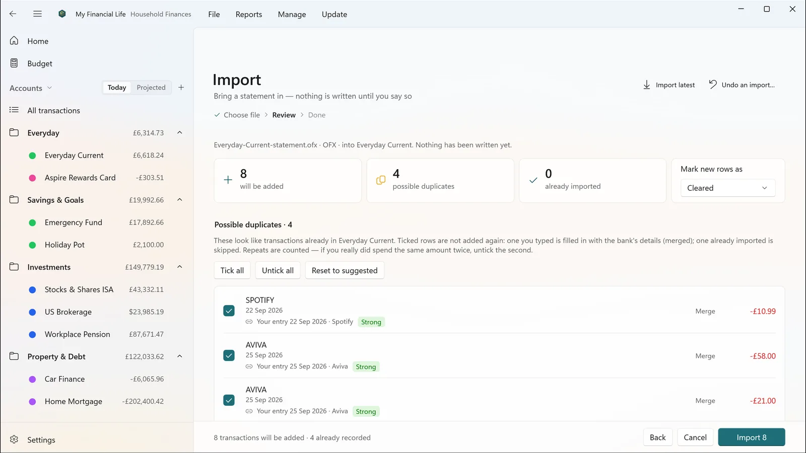 The import review page listing statement lines, with duplicates and matches marked before anything is saved.