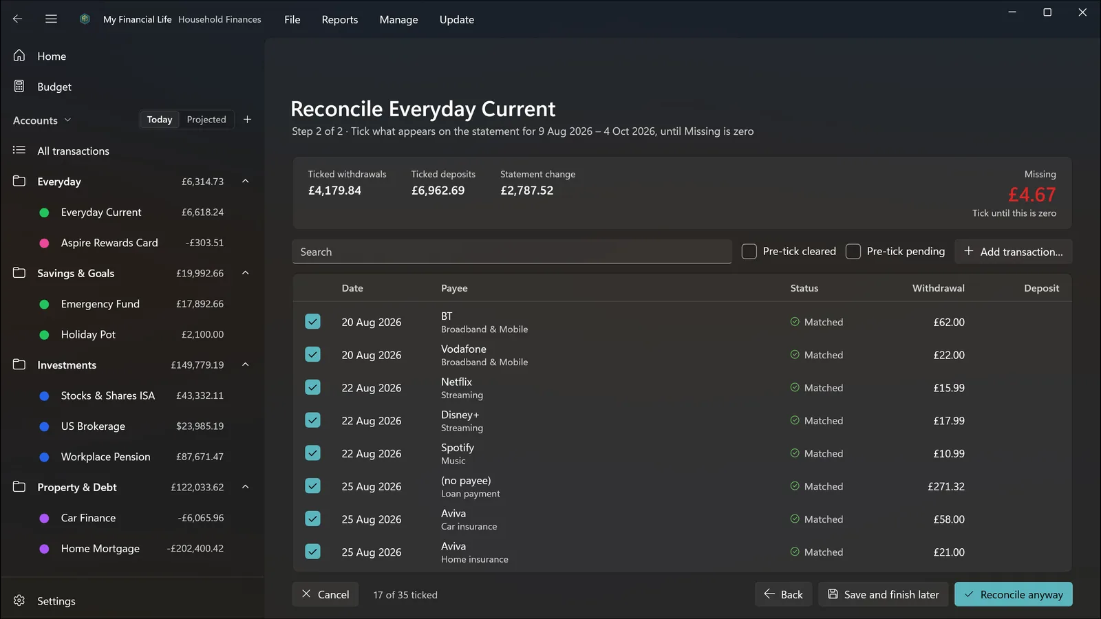 Reconciling an account against its statement in dark theme, with items ticked off.
